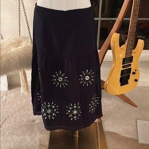 LOFT Navy Blue Midi Skirt with Embroidered Accents